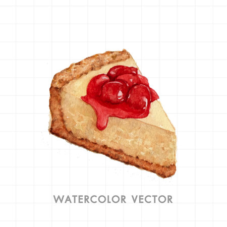 Watercolor illustration of a piece of cake with cherry jam on a white backgroundのイラスト素材