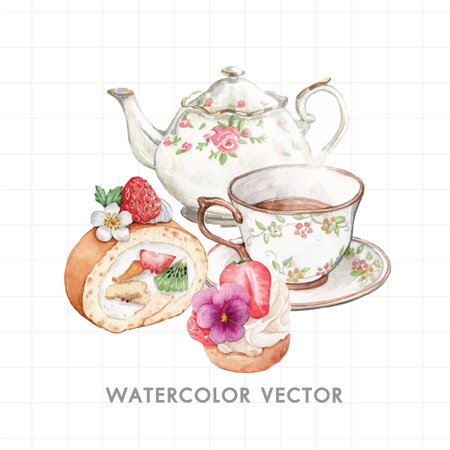 Watercolor illustration of a tea set. Hand drawn illustration of a tea set.のイラスト素材