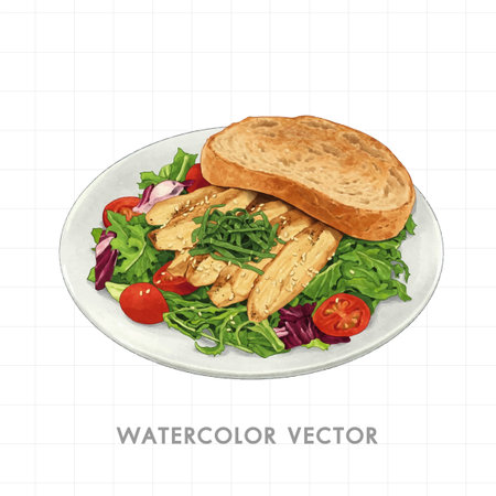 Salad with sesame seeds, tomatoes and bread. Vector illustration.のイラスト素材