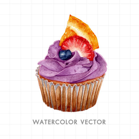 Watercolor hand drawn cupcake with strawberry and blueberry. Vector illustration.のイラスト素材