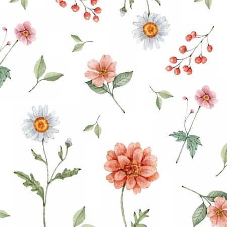 Seamless pattern with watercolor flowers. Hand-drawn illustration.のイラスト素材