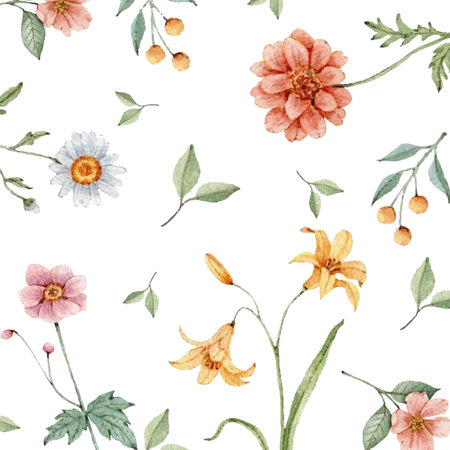 Seamless pattern with watercolor flowers. Hand drawn illustration.のイラスト素材