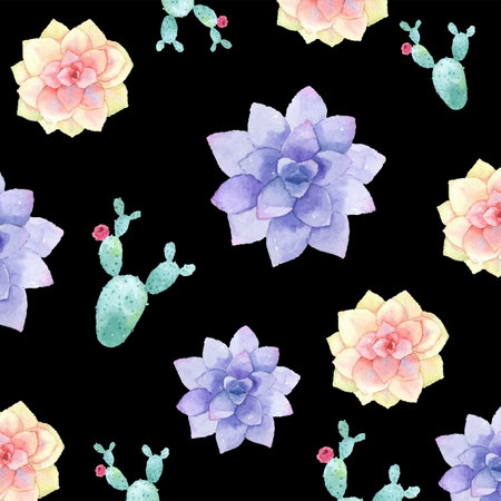 Seamless pattern with watercolor succulents on black backgroundのイラスト素材