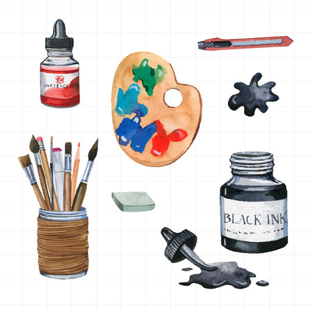 Watercolor set of tools for painting and drawing. Vector illustration.のイラスト素材