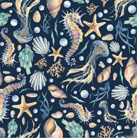 Seamless pattern with seashells, starfish and seaweed.のイラスト素材
