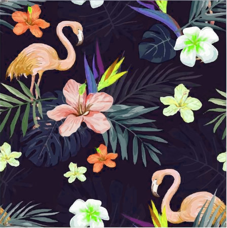 Tropical flowers, leaves and flamingo. Seamless pattern.のイラスト素材