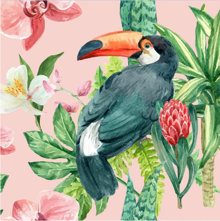 Seamless pattern with toucan and tropical flowers. Watercolor illustrationのイラスト素材