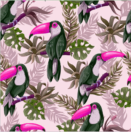 Seamless pattern with toucans and tropical leaves. Vector illustration.のイラスト素材