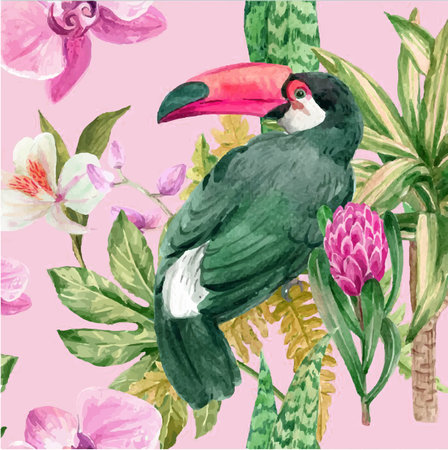 Toucan on the background of tropical flowers. Seamless pattern.のイラスト素材