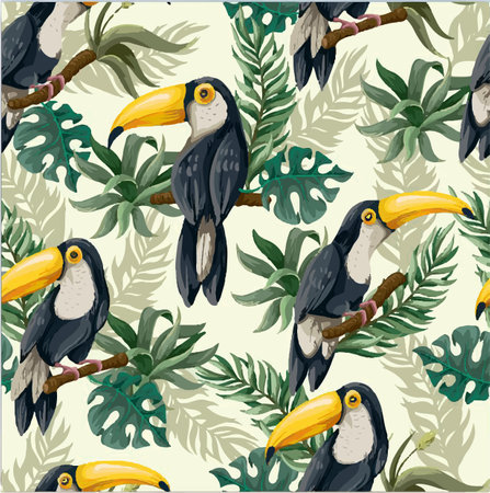 Seamless pattern with toucans and tropical leaves. Vector illustration.のイラスト素材