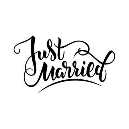 Vector illustration of just married text with background and textures for wedding. Handwritten modern calligraphy just married card/ tag/ badge template. Lettering typography wedding illustration. EPS 10のイラスト素材