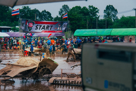 Phitsanulok City, Thailand - 5222022: Thai local athletes Compete for speed with a small tractor for...