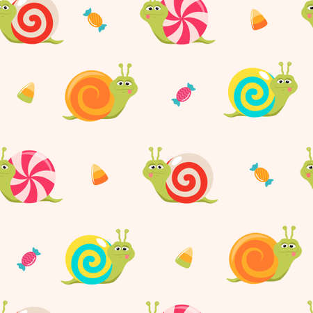 Seamless pattern of cute cartoon snails with colorful candy shellsのイラスト素材