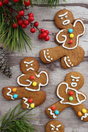 Ninja-shaped gingerbread cookies with Christmas decorationsの写真素材