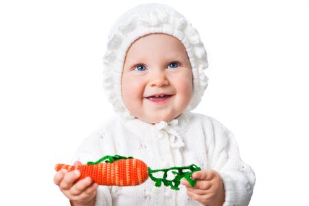little infant smiling girl with parrotの写真素材