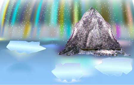 Polar landscape with aurora, silver mountain and ice seaのイラスト素材