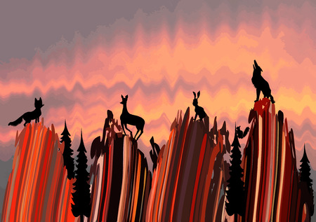 Stylized mountain landscape with silhouettes of animalsのイラスト素材
