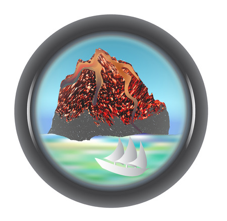 Telescope view of the volcano with a ship and seaのイラスト素材