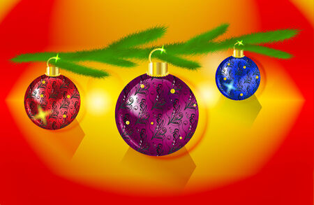 Christmas twig with three colorful christmas ballsのイラスト素材