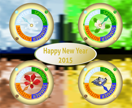 New Year greeting card with a clock showing the four seasonsのイラスト素材