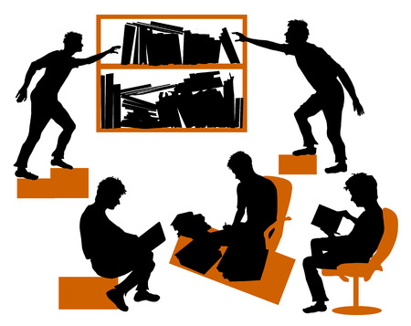 Silhouettes of students learning in libraryのイラスト素材