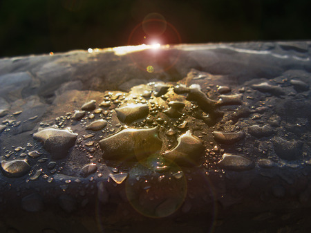 Reflection of the setting sun in waterdrops on stoneの写真素材
