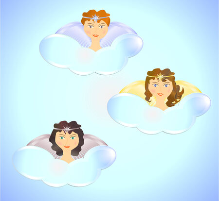 Christmas background with three hand drawn angels and cloudsのイラスト素材