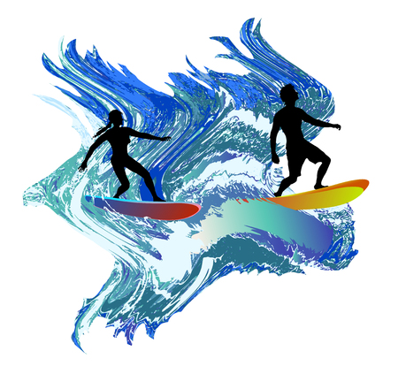 Silhouettes of two surfers in turbulent wavesのイラスト素材