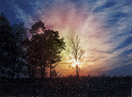 Landscape with falling snow and sunsetの写真素材
