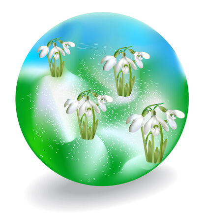 Glass ball with snowdrops and flying snowのイラスト素材