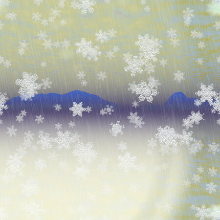 Winter landscape with generated snowflakes and mountainsの写真素材