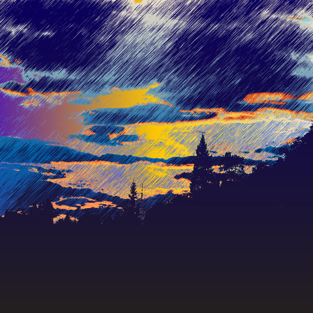 Landscape with silhouettes of trees and storm cloudsのイラスト素材