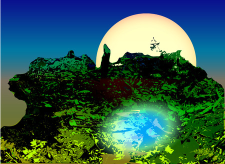 Landscape with green swamp, pond and moonlightのイラスト素材