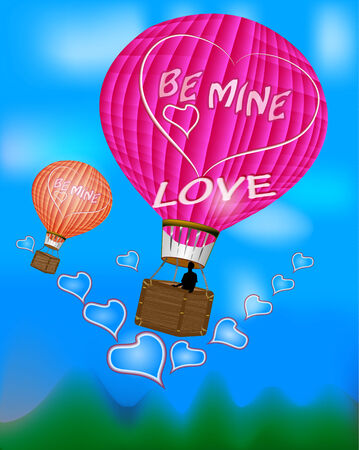 Valentine card with ballons, silhouette of a boy and heartsのイラスト素材