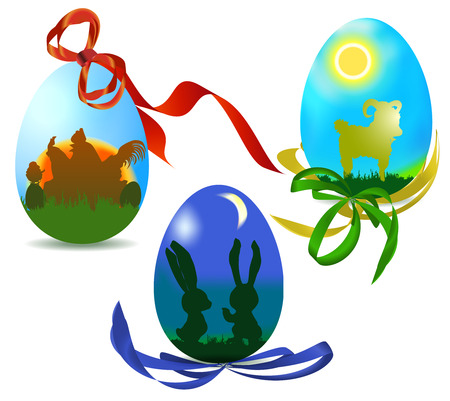 Easter eggs with silhouettes of animals and ribbonsのイラスト素材