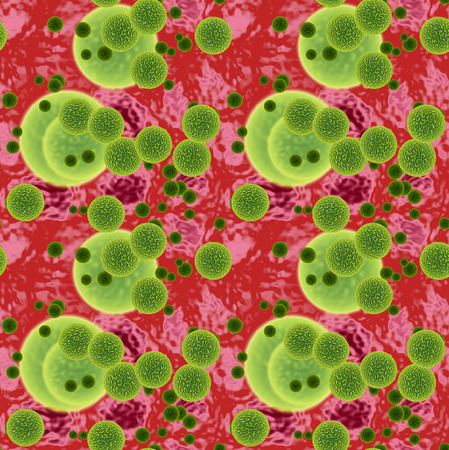 Seamless organic pattern with green viruses and blood cellsの写真素材