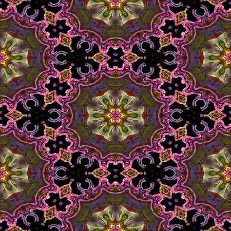 Abstract kaleidoscopic pink and green mosaic with flowersの写真素材