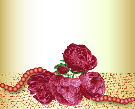 Vintage card with red roses and pink pearlsのイラスト素材
