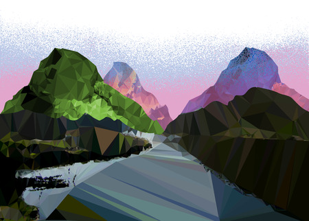 Misty mountain landscape of polygons with a roadのイラスト素材
