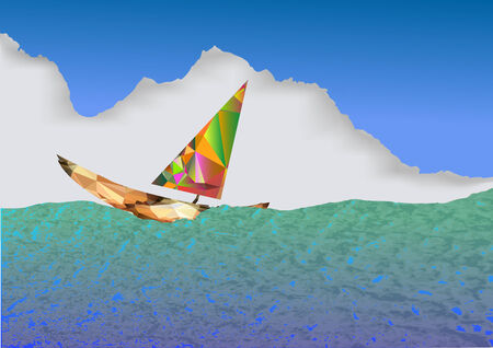 Background with blue and green sea, sailboat and cloudのイラスト素材