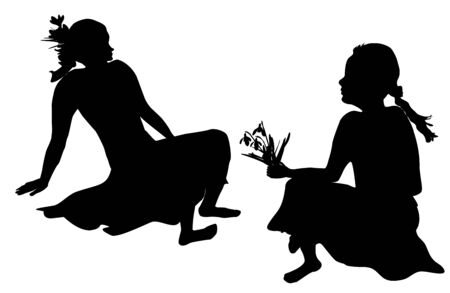 Silhouettes of two girls with spring flowersのイラスト素材