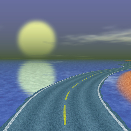 Landscape with the moon reflected in water and road flooding with waterの写真素材