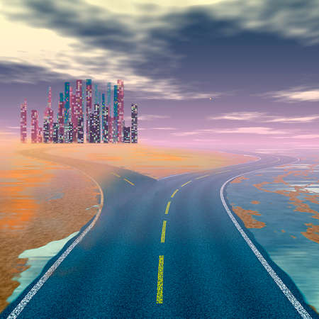 Abstract landscape with city and highway flooded with waterの写真素材