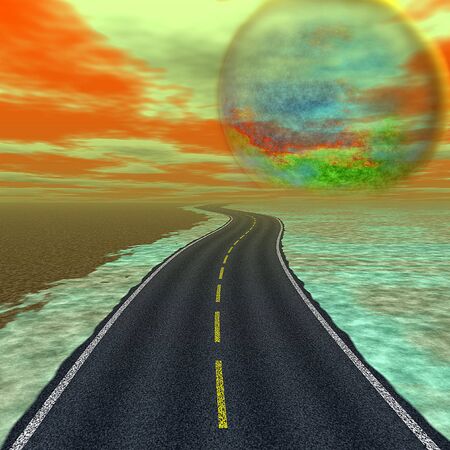 Abstract landscape with road and celestial body nearing the Earthの写真素材