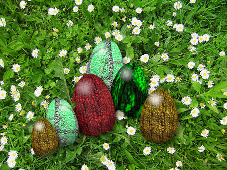 Blossoming meadow with daisies and six Eater eggsの写真素材