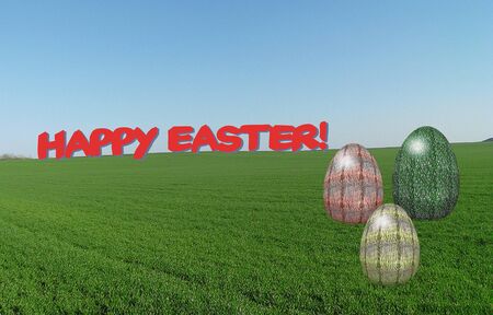 Landscape with meadow and three speckled Easter eggsの写真素材