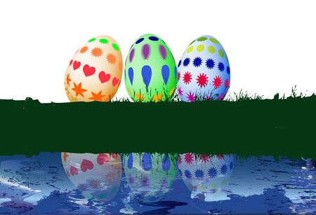 Three Easter eggs on grass with a water reflectionのイラスト素材