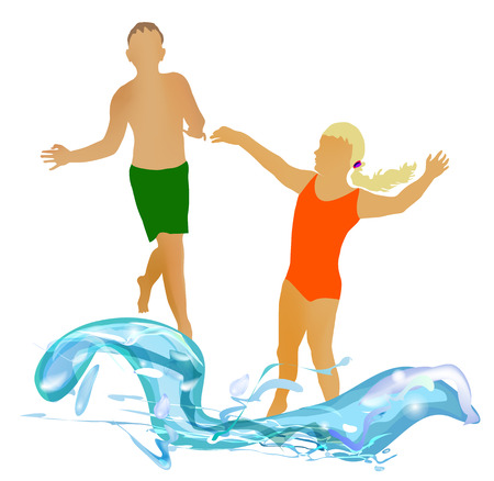 Boy and girl playing in the wavesのイラスト素材