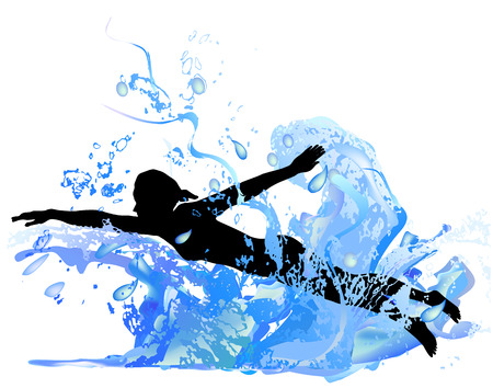 Silhouette of a girl swimming in the wavesのイラスト素材