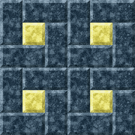 Seamless blue and gold relief mosaic of squares and rectangles with marble patternの写真素材